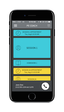 PE Coach mobile app screen shot showing menu