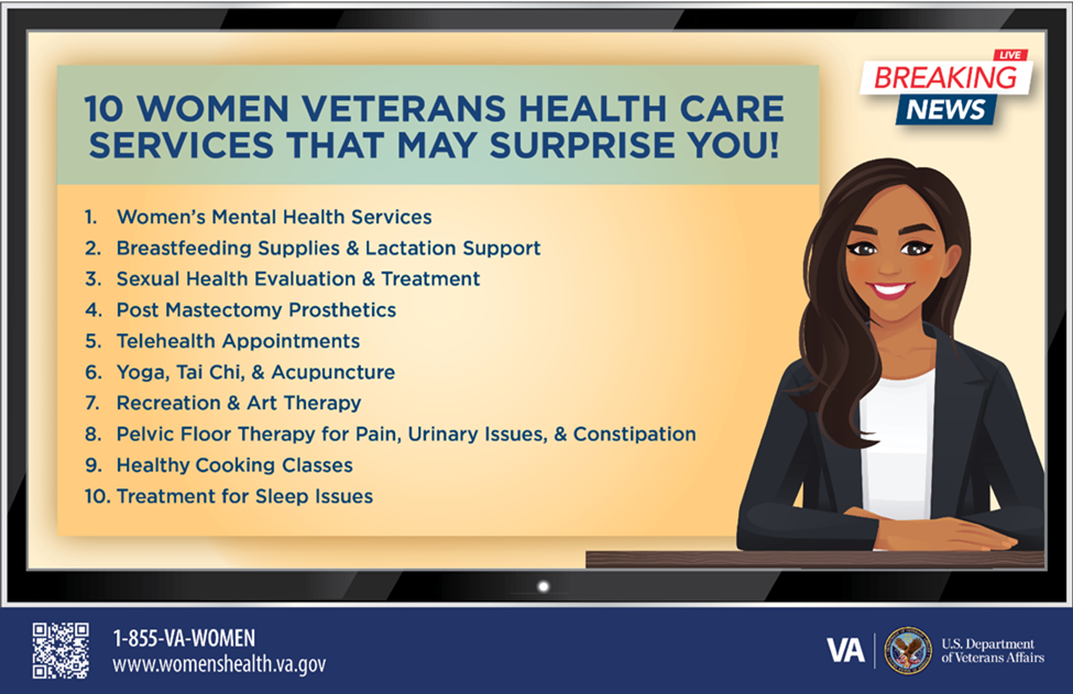 A cartoon woman news anchor sits at the news desk with the headline: 10 Women Veterans health care services that may surprise you!