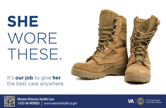 A pair of desert combat boots against a white background. Text reads: She wore these. It's our job to give her the best care anywhere.