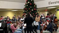 a large musical group with instruments in front of a decorated tree 