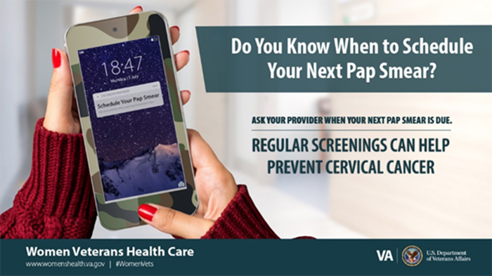 A woman checks her smartphone. Text reads: Do you know when to schedule your next pap smear?