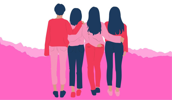 Four illustrated women stand together embracing each other against a pink background.