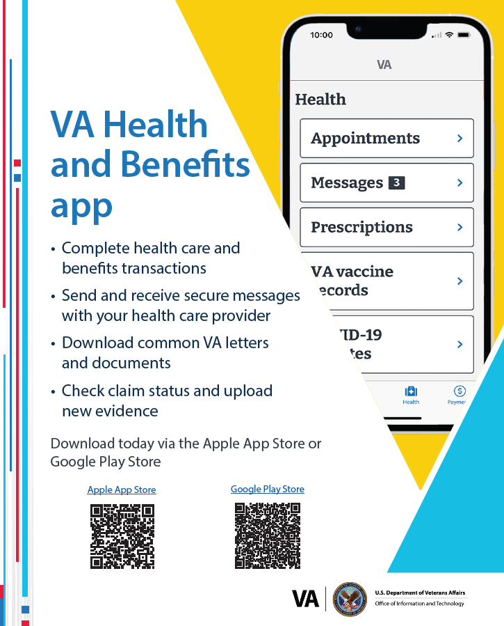 VA Health and Benefits App, complete health transactions, send and receive secure messages, download common VA documents, check claim status