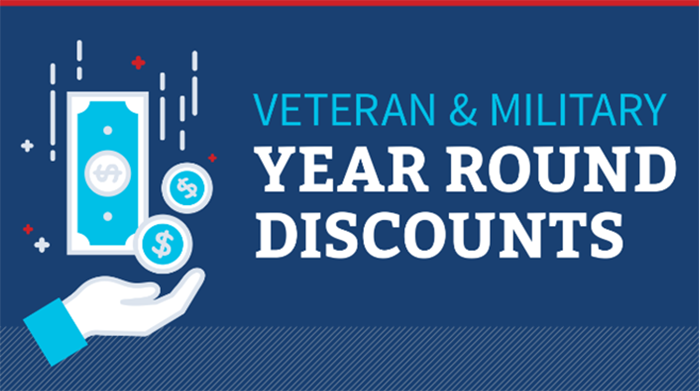 Veteran and military year round discounts. Money falls into and outstretched hand.