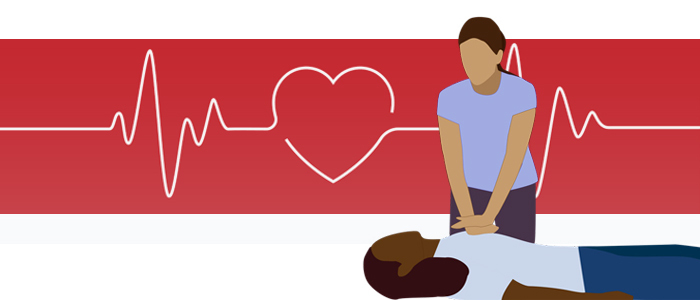 Illustrated likeness of a woman performing CPR on another woman. A heart monitor graph is behind them, highlighted by a red stripe.