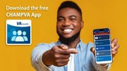 Man holding smartphone displaying the CHAMPVA app interface against a yellow background.
