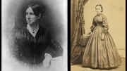 Two vintage portraits side by side of one woman in a dark dress the other woman in a full-skirted gown 