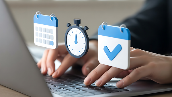 Person typing on laptop with calendar and stopwatch icons hands.
