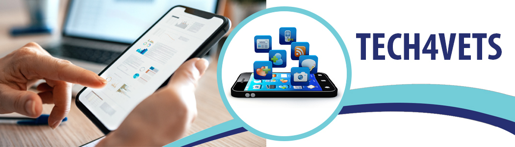 A person uses a tablet. A smartphone with app icons. Text reads: Tech4Vets.