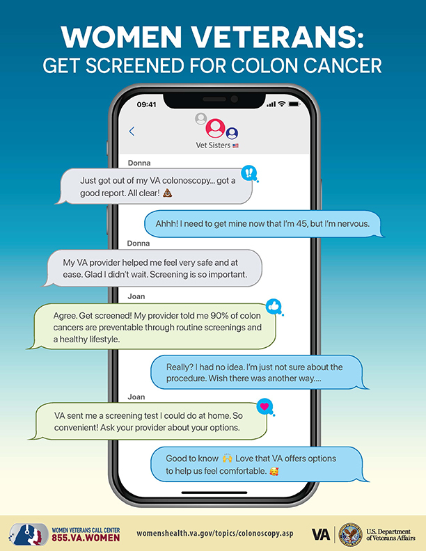 A text chat group conversation between Women Veterans about the importance and ease of getting screened for colon cancer.