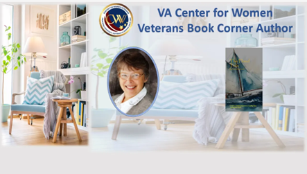 Nancy McIntosh smiles in her portrait in a cozy reading corner. Text reads: VA Center for Women Veterans Book Corner Author.