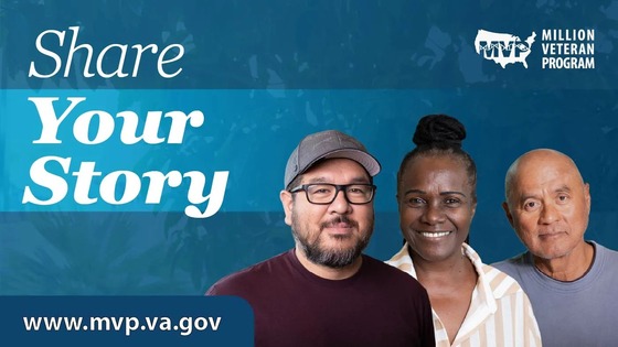 Three Veterans stand together under a banner reading 'Share Your Story' promoting the Million Veteran Program.
