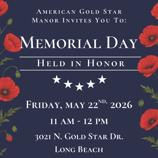 Memorial Day event with blue background and red poppies on right and left sides