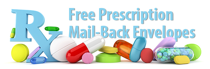 Artistic rendition of prescription pills and the Rx symbol. Text reads: Free prescription mail-back envelopes.