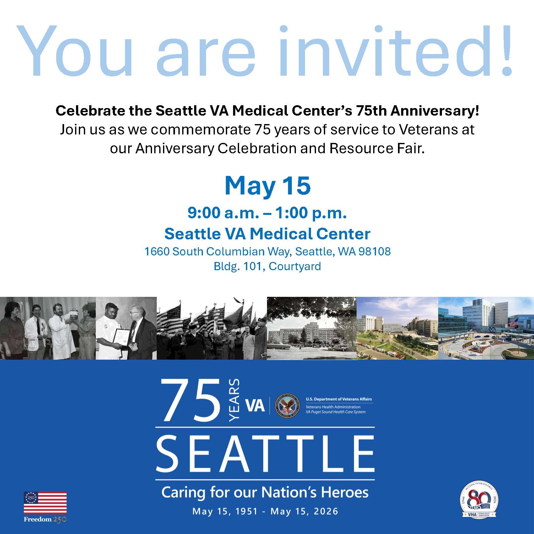 Invitation to Seattle VA Medical Center 75th Anniversary on May 15 2026