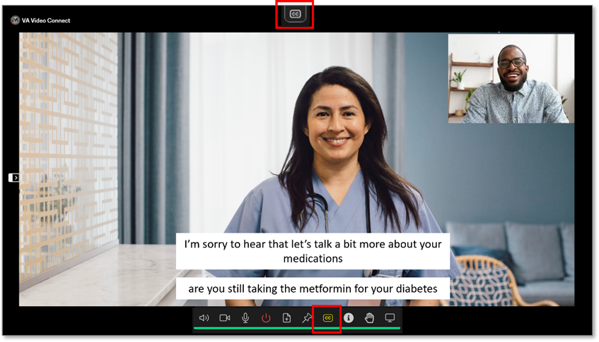 Live caption Enable/Disable button in the bottom toolbar with the CC indicator at the top of the screen.