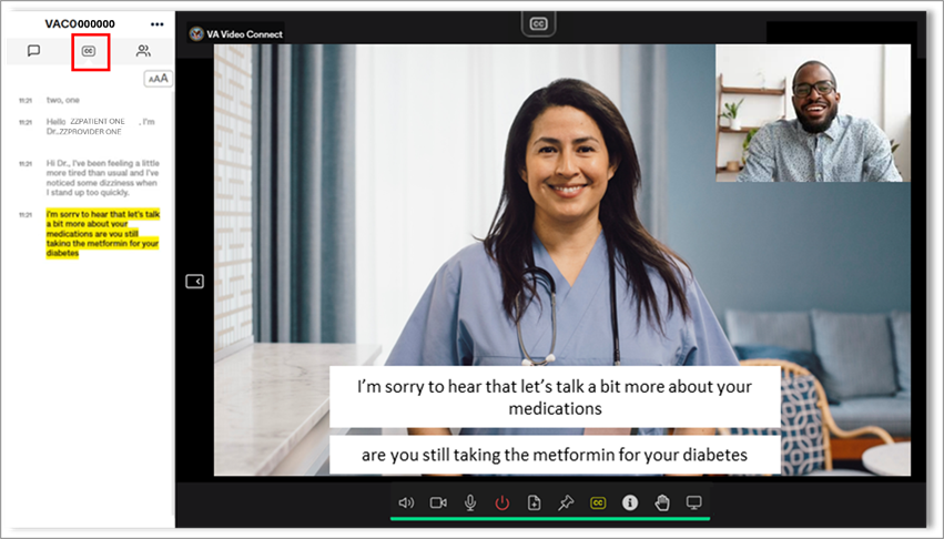 Historical transcript view available in the left side panel that displays the live transcription after selecting the CC icon.