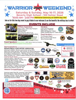 Flyer: Warrior Weekend 2026, 10:00 a.m. - 2:00 p.m. Saturday & Sunday, May 16-17, Beverly High School, 100 Sohier Road.