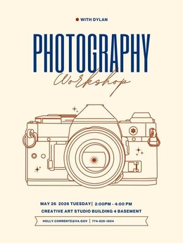 Flyer: Photography group, 2:00 - 4:00 p.m. May 26, 2026, Creative Arts Studio, building 4 basement, Brockton VA campus.