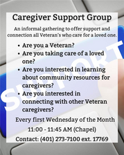 Veterans caring for a loved one are encouraged to attend our Caregiver Support Group on the first Wednesday of every month.