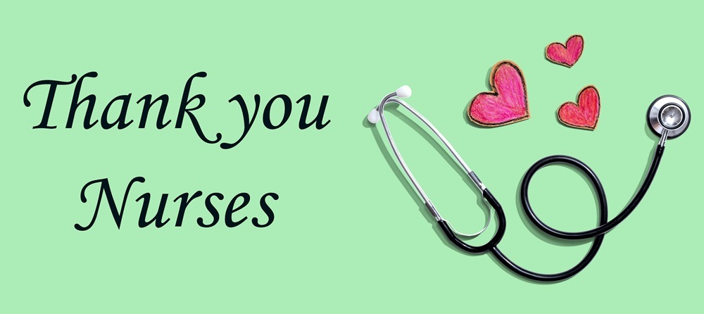 Nurses Week Banner, Thank you Nurses with stethoscope and hearts, green background. 