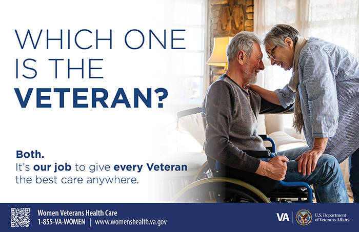 A man in a wheelchair and a woman lean in close to each other. Text reads: Which one is the Veteran? Both.