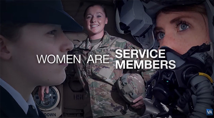 Collage of women in military uniform. Text reads: Women are Service Members.
