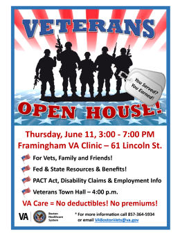 Flyer: Framingham VA Clinic Open House, Thursday, June 11, 3:00 - 7:00 p.m., 61 Lincoln St., Framingham, Mass.