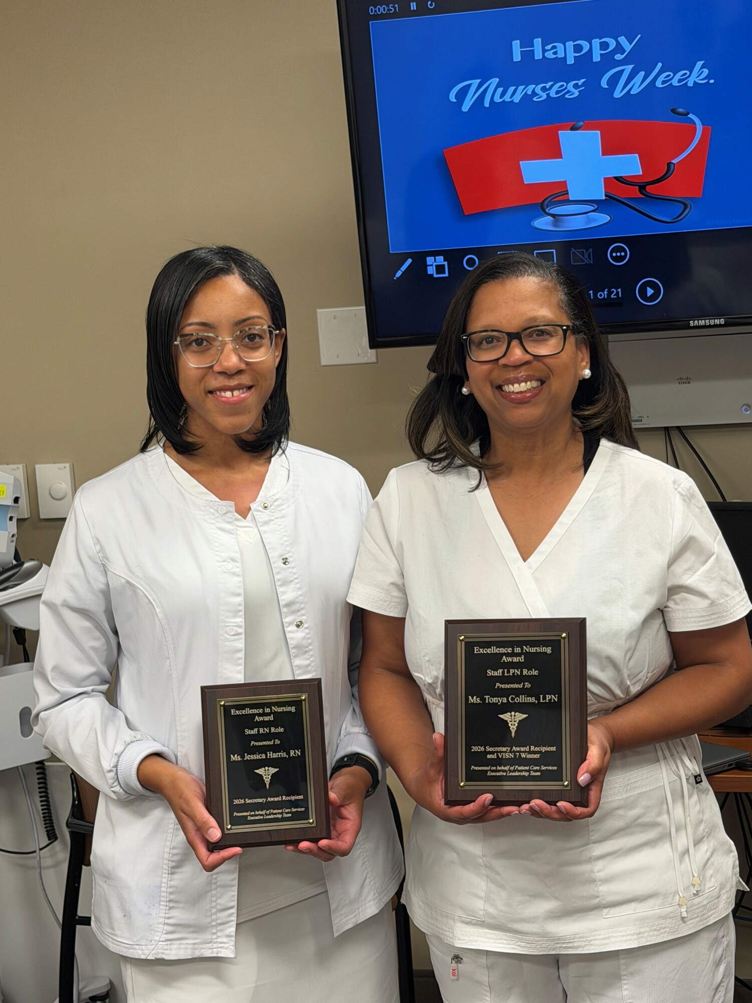 Registered Nurse Jessica Harris and Licensed Practical Nurse Tonya Collins are recognized as CAVHCS nursing excellence honorees.