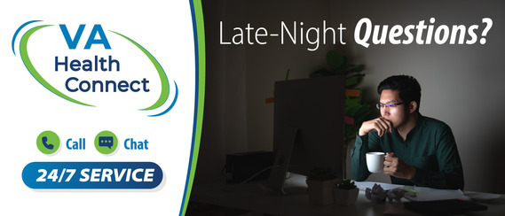 A man is on the computer late at night, illuminated by the light from the computer monitor. VA Health Connect logo is on the left-side.