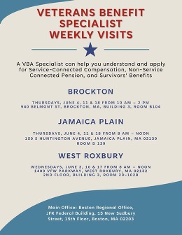Flyer showing VBA Boston Regional Benefits Office hours at VA Boston Healthcare System facilities.