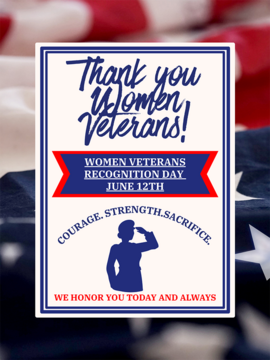 Silhouetted service woman renders a salute. Text reads: Thank you Women Veterans! Women Veterans Recognition Day June 12.
