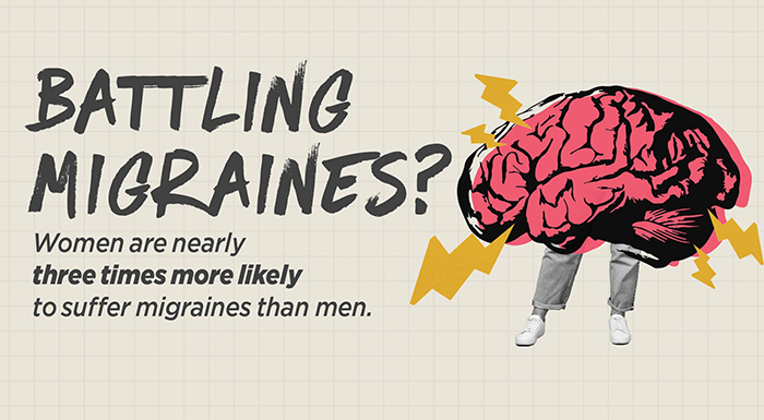 Battling migraines? An illustrated brain with lightning bolts shooting out of it.