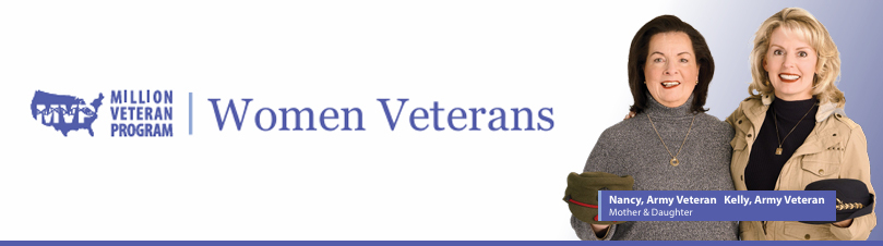 Million Veteran Program logo alongside Women Veterans text. Mother and daughter Veterans smile with arms around each other.