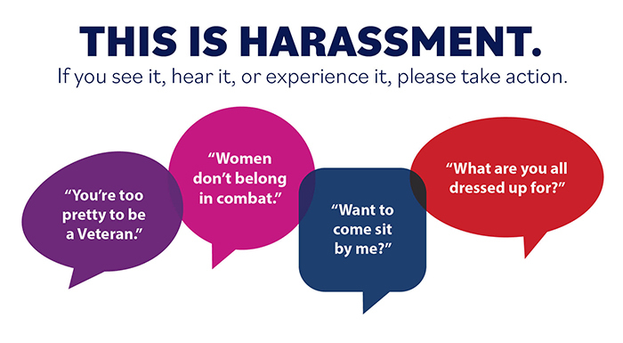 Cartoon speech bubbles with examples of verbal harassment.