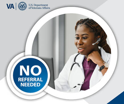 A medical professional speaks on her phone headset in a clinical setting. Text reads: No referral needed.