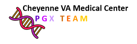 Cheyenne VA Medical Center PGx Team signature block with illustrated DNA strand.