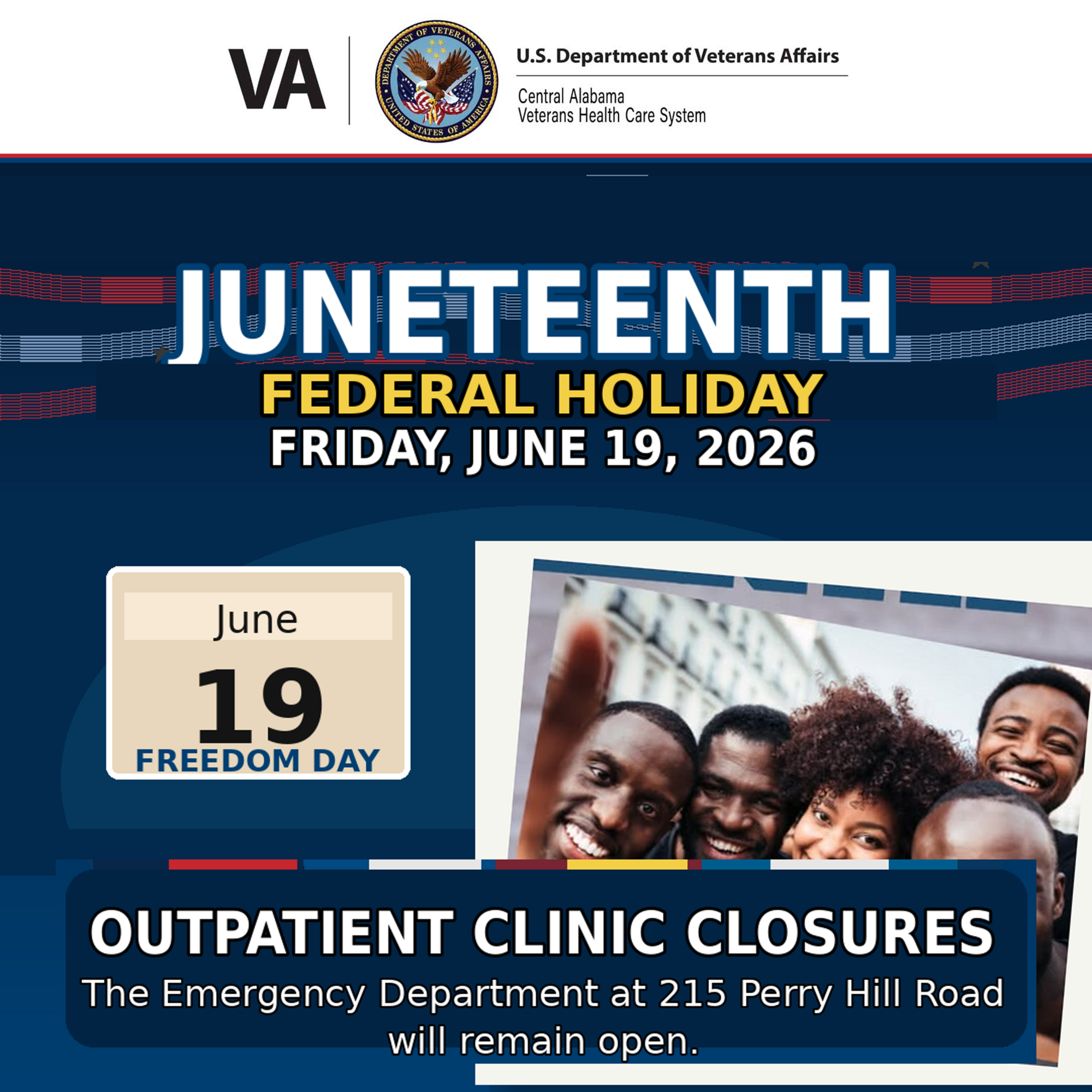 Juneteenth federal holiday closure notice for CAVHCS outpatient clinics and administrative offices.