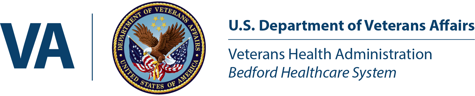 VA Bedford Healthcare System in blue text accompanied by Department of Veterans Affairs seal with an eagle in the middle on blue background. 