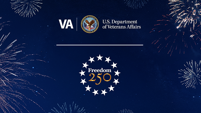 Official VA seal above the Freedom 250 logo. Night sky with fireworks in the background.