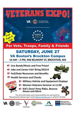 Flyer: Veteran's Expo, a Freedom 250 event, 10:00 a.m. - 2:00 p.m. June 27, 2026, VA Boston's Brockton campus, 940 Belmont St.