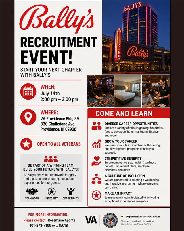 Join VA Providence's Employment Resource Center and Learn about Job Opportunities Available Through Bally's.
