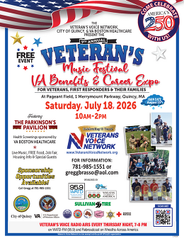 Flyer: Veterans’ Music Festival, Benefits and Career Expo, Saturday, July 18, 2026, 10:00 a.m. – 2:00 p.m. at Pageant Field in Quincy.