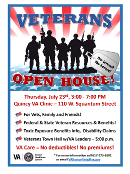 Flyer: Veterans Open House and Town Hall on Thursday, July 23, 2026, 3:00 – 7:00 p.m. at the Quincy VA Clinic, 110 W. Squantum St.
