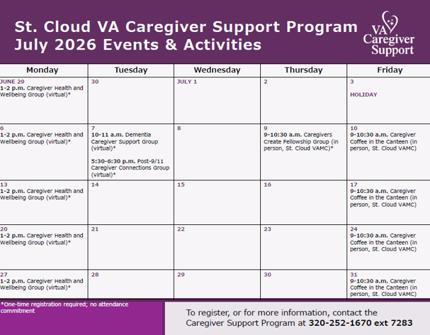 St. Cloud VA Caregiver Support Program July Events Calendar