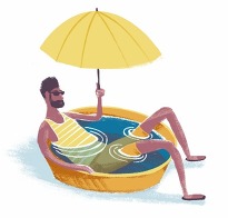 Man in kiddie pool with umbrella