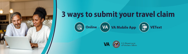 A man and a woman work on a laptop together. Text reads: 3 ways to submit your travel claim. Online, VA mobile app, VEText.