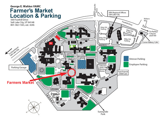 Location of Farmers Market on map of George E. Wahlen VA Medical Center campus