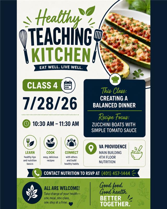 Join VA Providence's Healthy Teaching Kitchen and learn how to make Zucchini Boats with Simple Tomato Sauce.