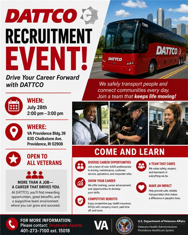 VA Providence's Employment Resource Center is holding a DATTCO Job Recruitment Event!